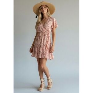 En Crème Peach Floral Ruffle Mini Dress Size Small Boho Cottagecore V-Neck Wrap